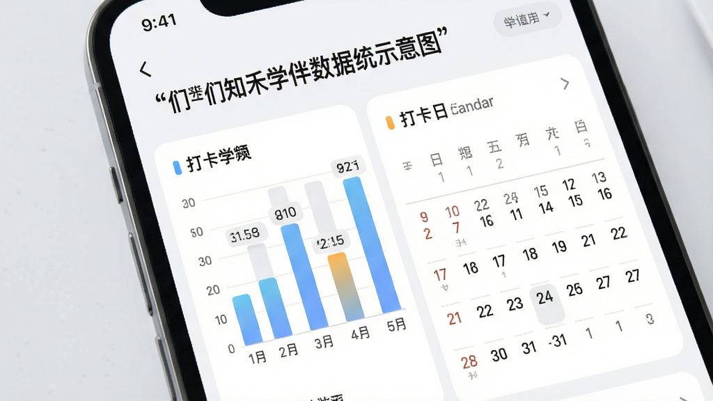们知禾学伴数据统计页面示意图,画面为手机屏幕特写,显示柱状图与打卡日历,背景为柔和浅灰,风格清爽,细节包括数字标签、日历格子与统计标题,画质清晰干净,无多余元素