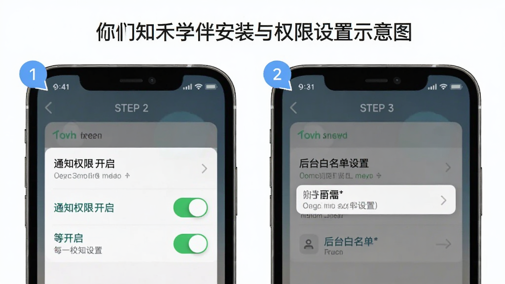 们知禾学伴安装与权限设置示意图,画面为手机屏幕分步展示通知权限开启界面与后台白名单设置,背景简洁,风格清晰,细节包括开关按钮、提示文字与步骤序号,画质干净,无多余元素