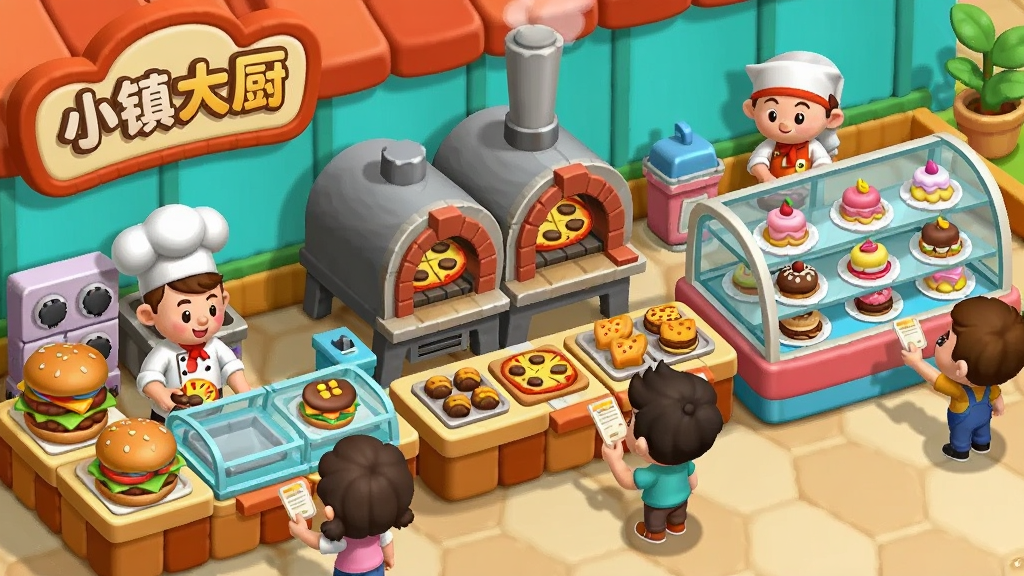����չʾһ�俨ͨ������ʳ�㳡�����������������ź�����̨��������¯����Ʒչʾ�񣬼�λ��ͨ��ʦ�����ڲ���̨ǰæµ����̨�ϰ���ɫ�����˵ĳ�Ʒʳ��˿��ڹ�̨ǰ�Ŷӵ㵥���������������õĿ�ͨ��Ϸ������񣬲��ֺ���չ����ϸ�ھ��£����ʸɾ������������д���