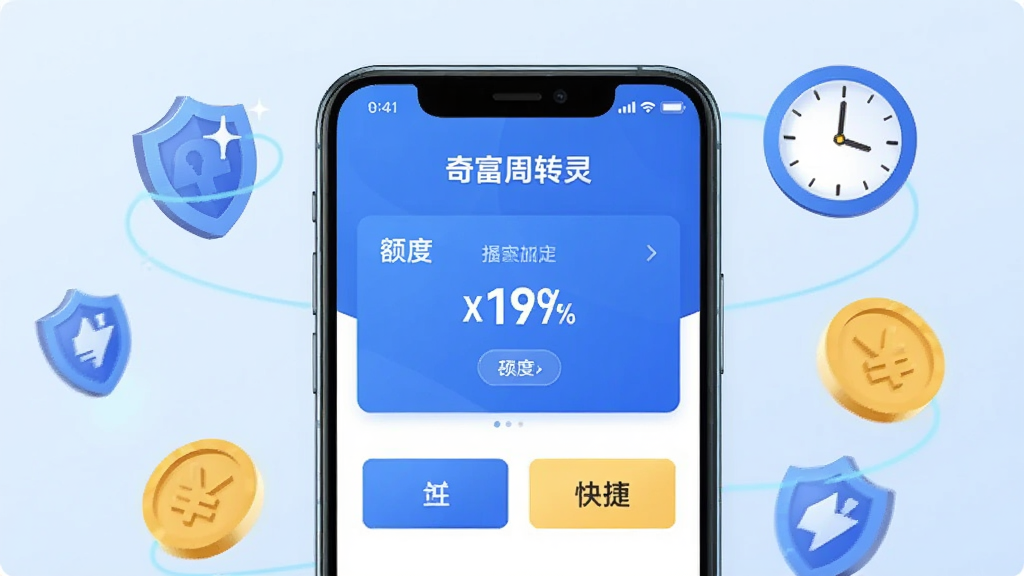 画面中央展示一部智能手机,手机屏幕上显示“奇富周转灵”应用主界面,界面包含额度展示区与功能按钮,手机周围环绕盾牌、时钟、金币等象征安全与快捷的图标元素,背景为浅蓝色渐变,整体布局居中对称,风格为扁平化科技插画,细节包括手机边框高光、图标立体阴影,画质清晰干净,无多余元素