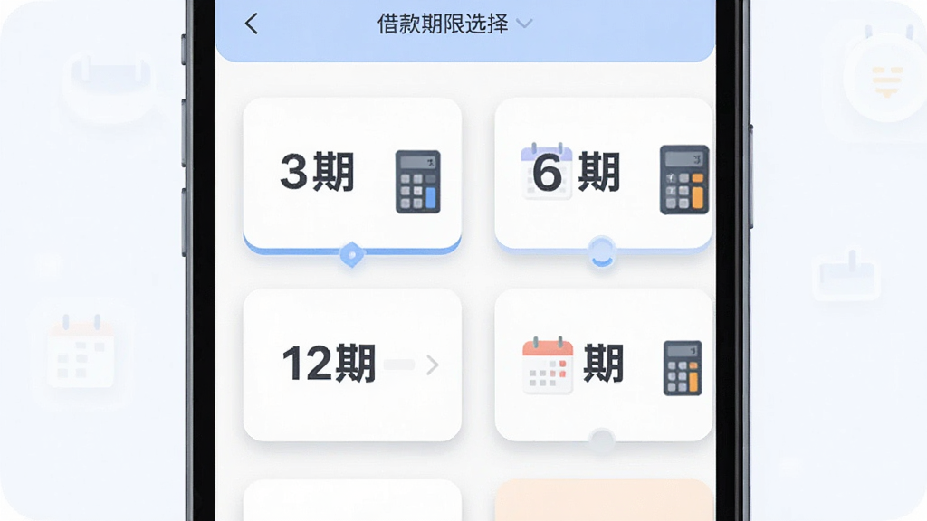 画面展示手机界面中借款期限选择页面,多个期限选项以卡片形式排列,卡片上标注“3期”“6期”“12期”等字样,旁边配有日历与计算器图标,布局为上下分层结构,风格为清爽扁平化UI插画,细节包括卡片圆角阴影、选中状态高亮,画质干净明亮,无杂乱元素