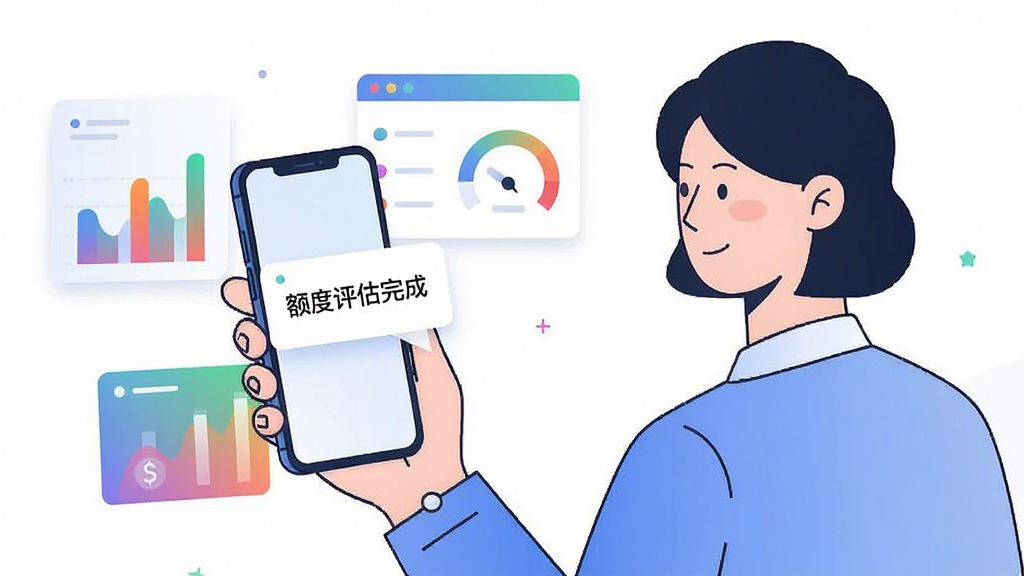画面主体为一位用户手持手机,手机屏幕弹出“额度评估完成”的提示框,周围漂浮着数据图表与信用评分仪表盘元素,布局采用左文右图结构,风格为现代商务插画,细节包括人物简约线条、图表渐变色彩,画质干净清晰,无多余装饰