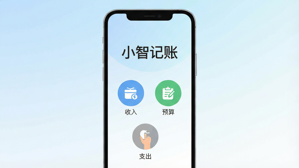 一张手机应用界面展示图,画面中央是一部竖屏安卓手机,屏幕上显示“小智记账”四个字作为应用标题,下方排列着收入、支出、预算三个圆形功能入口,背景是浅蓝到白色的柔和渐变,整体风格清爽简约,扁平化设计,细节干净,画质清晰,无多余元素