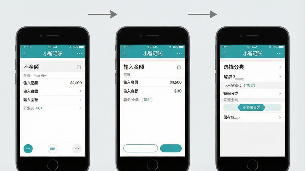 一张手机记账操作流程图,画面中并排展示三部手机屏幕,从左到右依次是点击加号、输入金额、选择分类完成保存,每部手机上方有简洁的箭头连接,屏幕内容以“小智记账”界面为参考,背景为浅灰色,风格扁平清新,排版整齐,画质清晰,干净无多余元素