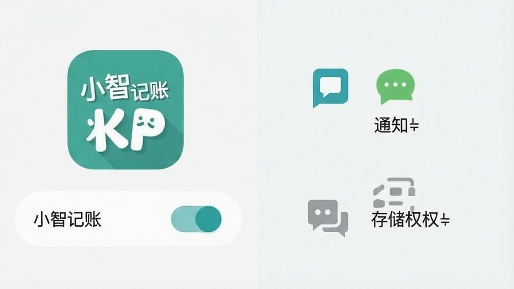 一张手机安装权限设置示意图,画面展示安卓手机设置界面,屏幕上有“小智记账”应用图标与权限开关,旁边用简洁图标表示通知与存储权限,背景为浅色,风格扁平清晰,排版规整,画质干净,无多余元素