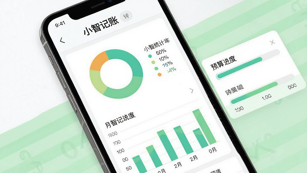 一张数据统计界面示意图,画面中央是一部手机,屏幕上显示“小智记账”的月度统计页面,包含环形图与条形图,旁边有预算进度条元素,背景为白色与淡绿色搭配,风格简洁商务,细节清晰,画质干净,无多余装饰