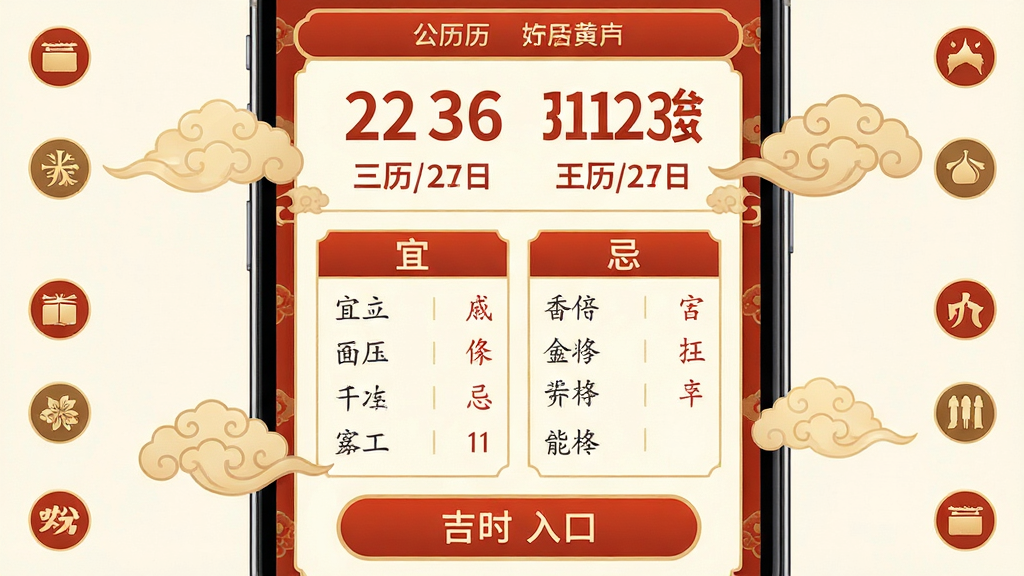 主体为一部竖屏智能手机,屏幕中央显示传统红金色调的老黄历日历界面,页面排版上方为公历日期与农历日期对照,中部为“宜”“忌”两栏文字列表,下方为吉时查询入口按钮,手机四周环绕淡金色祥云纹样与二十四节气小图标,整体布局居中对称,风格为现代扁平化与中国传统元素结合,细节上日历数字清晰、按钮圆润、配色以朱红与米白为主,画质高清、画面干净、无多余元素