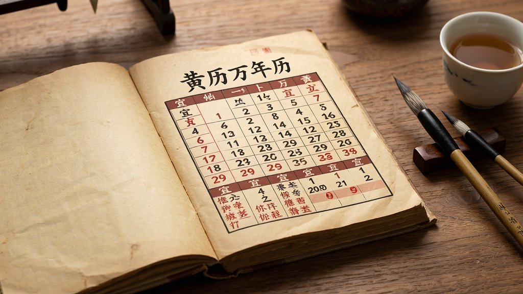 画面主体为一本摊开的传统纸质黄历置于木桌之上,黄历页面印有“黄历万年历”字样与农历日期、宜忌条目,旁边摆放毛笔与茶杯,布局为黄历居中、道具两侧点缀,风格为写实静物摄影感,细节上纸张纹理清晰、文字排版规整、光线柔和温暖,画质高清、画面干净、无多余元素