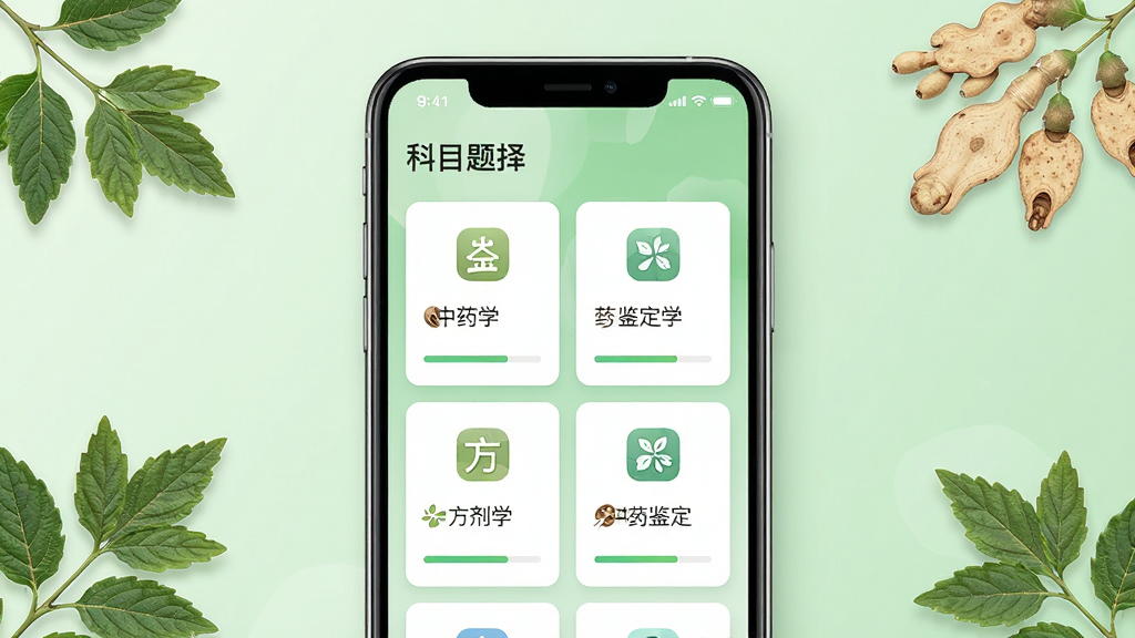 ��������Ϊ������ҩʦˢ���Ŀ�Ŀѡ����棬�ֻ���Ļ��չʾ��ҩѧ������ѧ����ҩ����ѧ�ȶ����Ŀ��Ƭ����Ƭ������״���У�����Ϊǳ��ɫ���䣬����Ϊ�ֻ�����չʾ�����ܻ�����ҩ��Ҷװ��Ԫ�أ����Ϊ�ִ���ԼUIչʾ���ϸ�ڰ�����Ŀͼ��������������ʸ���ɾ����޶���Ԫ��
