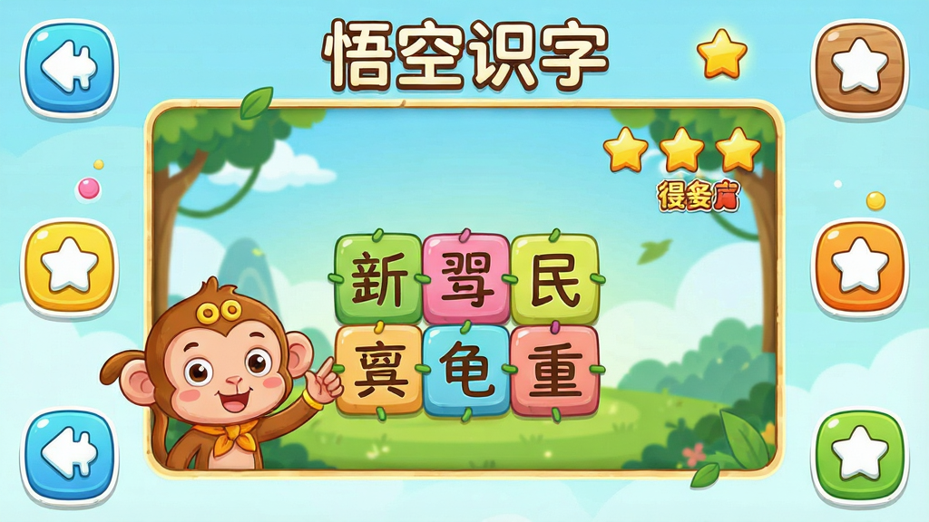 һ�Ŷ�ͯʶ����������Ϸ��������ͼ����������Ϊ�����ʶ�֡�ȤζС��Ϸҳ�棬����Ϊ������Ϸ��������ܹ��ܰ�ť�����Ϊ���¿�ͨ���ϸ�ڰ�����ɫ���ַ��顢��ͨ�����������󡢵÷�����ͼ�꣬���ʸ��壬����ɾ����޶���Ԫ��