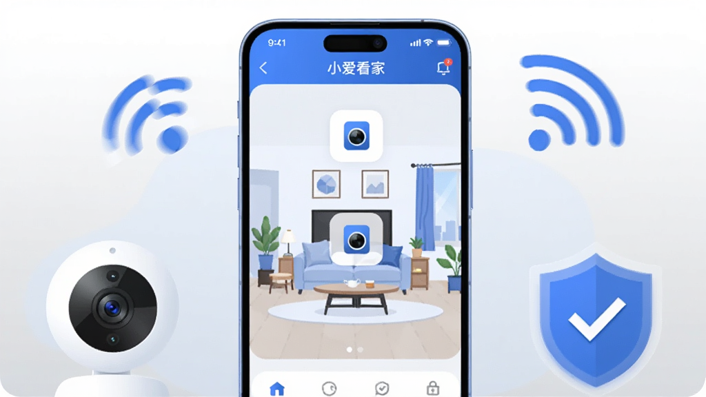 画面中心是一部竖屏智能手机,手机屏幕上显示着“小爱看家”APP的监控画面界面,画面中有客厅场景和摄像头图标。手机周围环绕着简洁的摄像头设备、WiFi信号符号和盾牌安全图标,整体采用扁平化插画风格,蓝白配色为主,布局干净整洁,细节清晰,画质高清,背景为浅灰渐变,无多余元素。