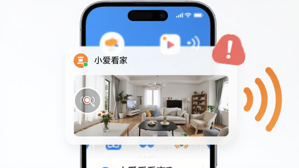 手机屏幕弹出“小爱看家”APP的告警通知卡片,卡片上显示移动侦测图标和客厅截图,手机旁边有红色感叹号提示符号和信号波纹。整体采用扁平化UI风格,蓝白与橙色点缀,布局为手机居中、通知卡片醒目,细节清晰,画质高清,背景干净简洁。