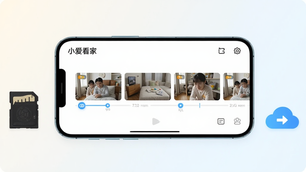 一部手机横屏显示“小爱看家”APP的录像回放时间轴界面,屏幕上排列着多个时间段缩略图,手机旁边有存储卡和云朵图标。整体采用清新浅色风格,布局为手机居中、时间轴清晰、图标点缀两侧,细节丰富,画质干净,无杂乱元素。