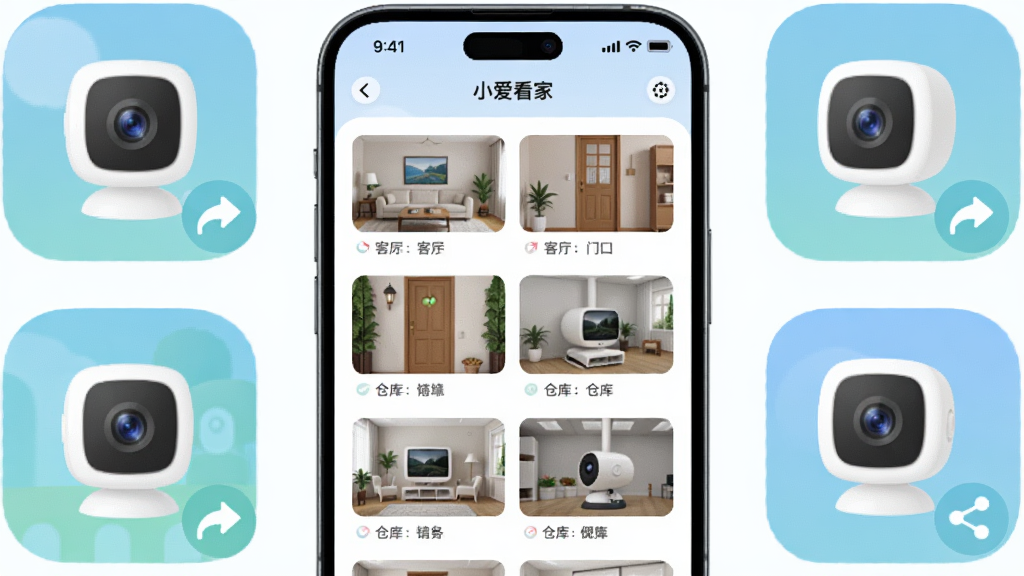 手机屏幕显示“小爱看家”APP的多设备管理列表界面,列表中排列着客厅、门口、仓库等多个摄像头缩略图,手机旁边有多个摄像头图标和分享符号。整体为扁平化插画风格,采用柔和圆角设计,布局手机居中、列表清晰、图标环绕,画质高清,背景素雅干净。