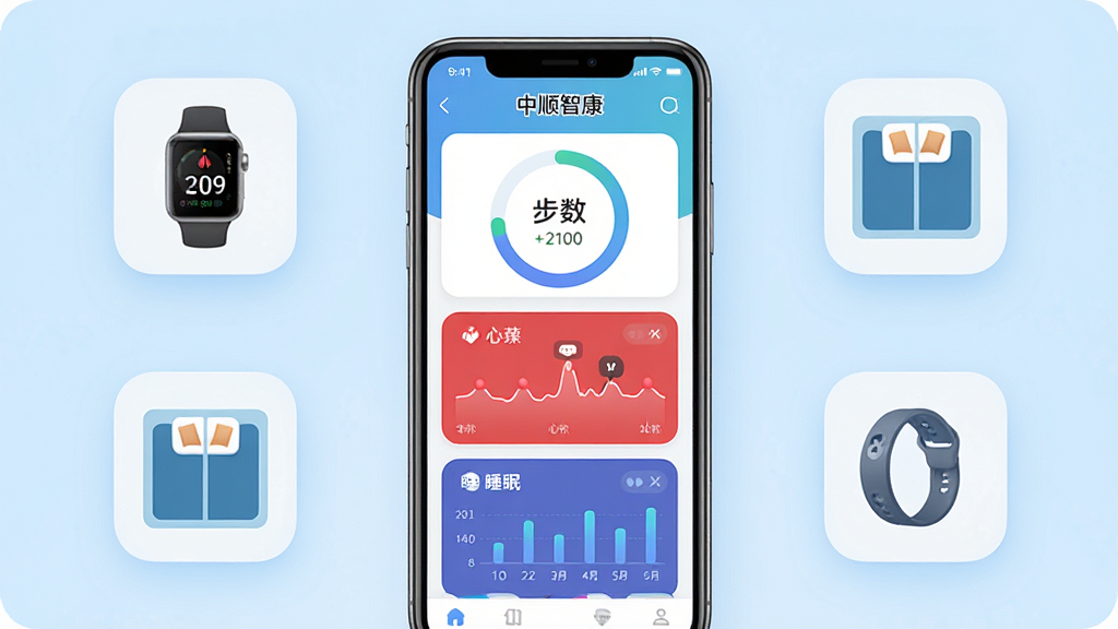 ����������һ�������ֻ�����Ļ����ʾ����˳�ǿ���APP��ҳ���棬��������Բ�����������ߺ�˯��ͼ�����ֻ���Χ���������ֱ�����֬�ӵ��豸ͼ�꣬����Ϊǳ�����䣬���岼�־��жԳƣ������ˬ�ִ���ϸ����ͼ��Բ�����ݿ�Ƭ�������У����ʸ��壬�ɾ��޶���Ԫ��