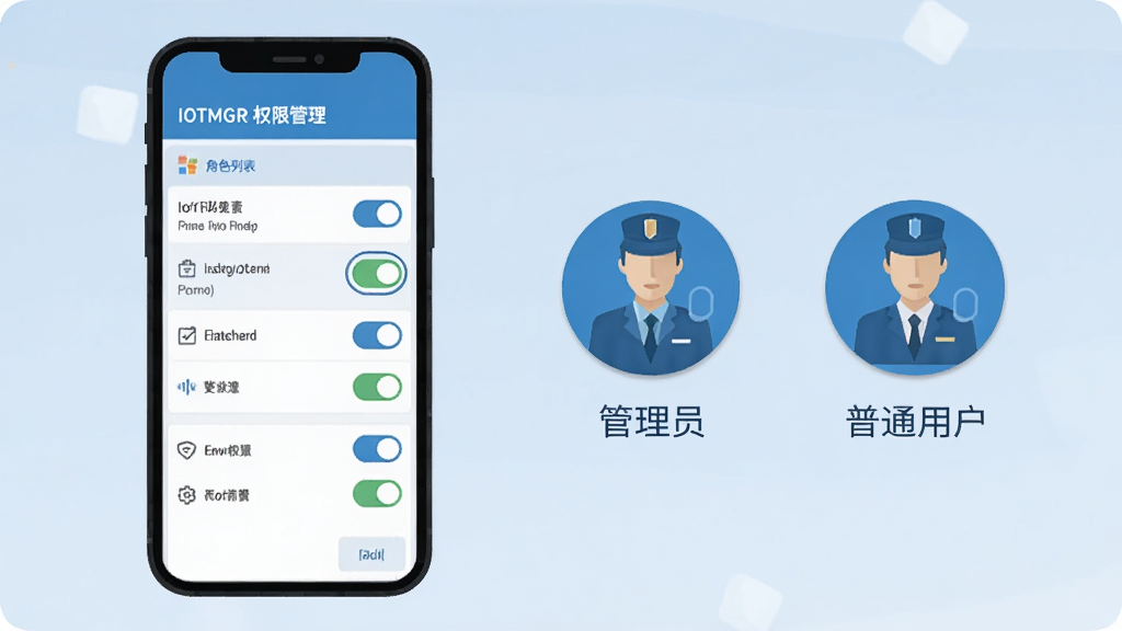 ����չʾIOTMGR����Ȩ�޹���ҳ�棬�ֻ���Ļ��ʾ��ɫ�б���Ȩ�޿��أ��Ա����й���Ա����ͨ�û�ͼ�꣬������࣬��ƽ����Ʒ����ɫ��Ϊ�����Ű����룬���ʸɾ����޶���Ԫ��
