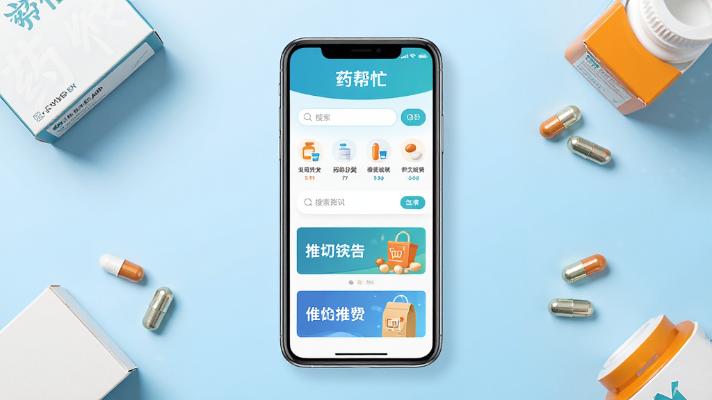 �ֻ���Ļ����չʾҩ��æ������ҳ���棬����������ҩ��æAPP�Ĳɹ���ҳ������ҩƷ����ͼ�ꡢ������ʹ������������Ϊ�ɾ���ǳ��ɫ���䣬��Χ�ڷ�����ҩ���뽺��Ԫ�ص�׺�����岼�־��жԳƣ������ˬ�ִ���ϸ�����������ʸ��壬����ɾ��޶���Ԫ��