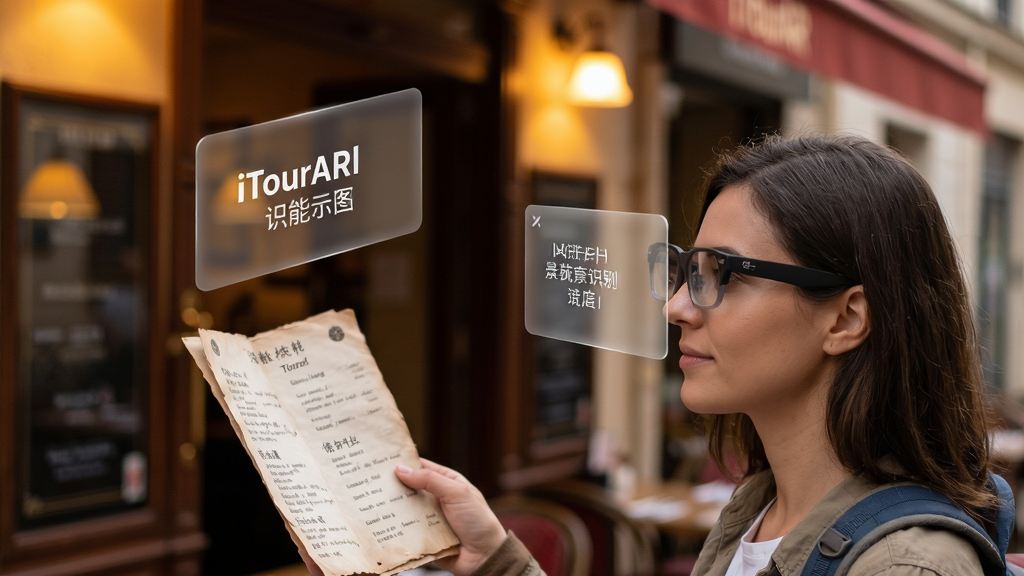 iTourAR����ʶ����ʾ��ͼ������Ϊһλ������վ����������ſڣ������������Ĳ˵���AR�۾���Ƭǰ�����ֲ������ķ��븡�㣬����������λ�ڻ������·����˵��뷭�븡��λ�ڻ������Ϸ��γɶԽ��ߺ�Ӧ�����Ϊ���дʵ��Ӱ��ϸ�ڰ����˵�ֽ�����������븡��İ�͸��ë����Ч��������ůɫ�ƹ��Χ������ϸ�壬����ɾ����޶���Ԫ��