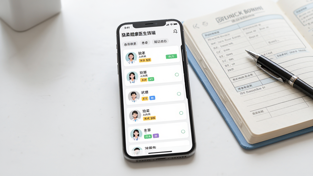 ���ὡ��ҽ����APP���߹�������չʾͼ������Ϊһ���ֻ���д����Ļ���ǰ���ǩ����Ļ��߿�Ƭ�б���ÿ�ſ�Ƭ��ͷ�����������״̬ɫ�飬�ֻ��Է���һ�������Ĳ�������һ֧�ʣ��������࣬������ͣ����дʵ���£�������������ͼ����