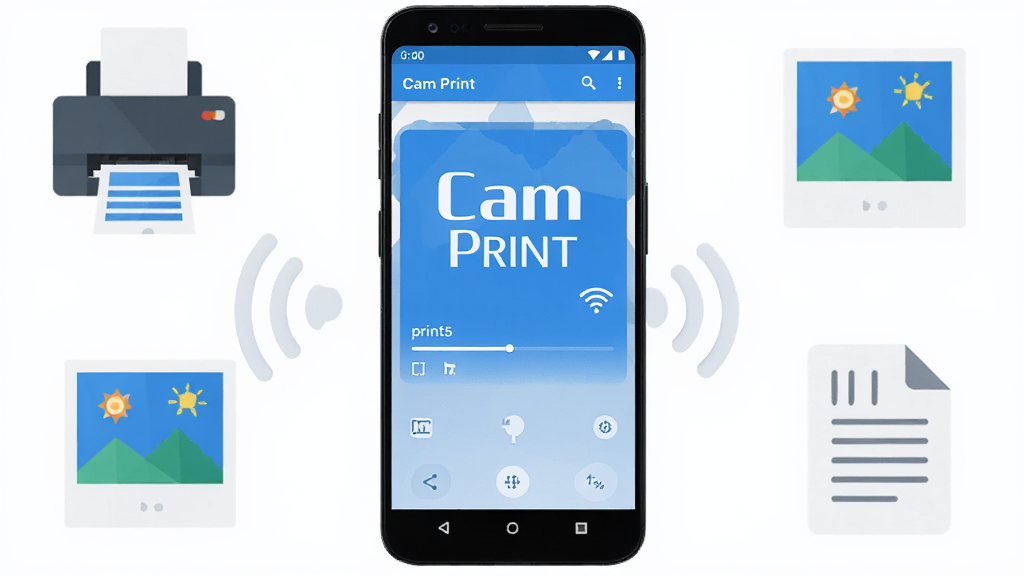 ������һ����׿�ֻ���Ļ��ʾCam PRINT�������棬����Ϊ�ֻ����з��ã���Χ���ƴ�ӡ������Ƭ���ĵ�ͼ�꣬�Ű������������Ϊ�ִ��Ƽ��б�ƽ����ƣ�ϸ�ڰ���������ɫ��ɫ������ӡ���������������ӷ��ţ����ʸ���ɾ��޶���Ԫ��