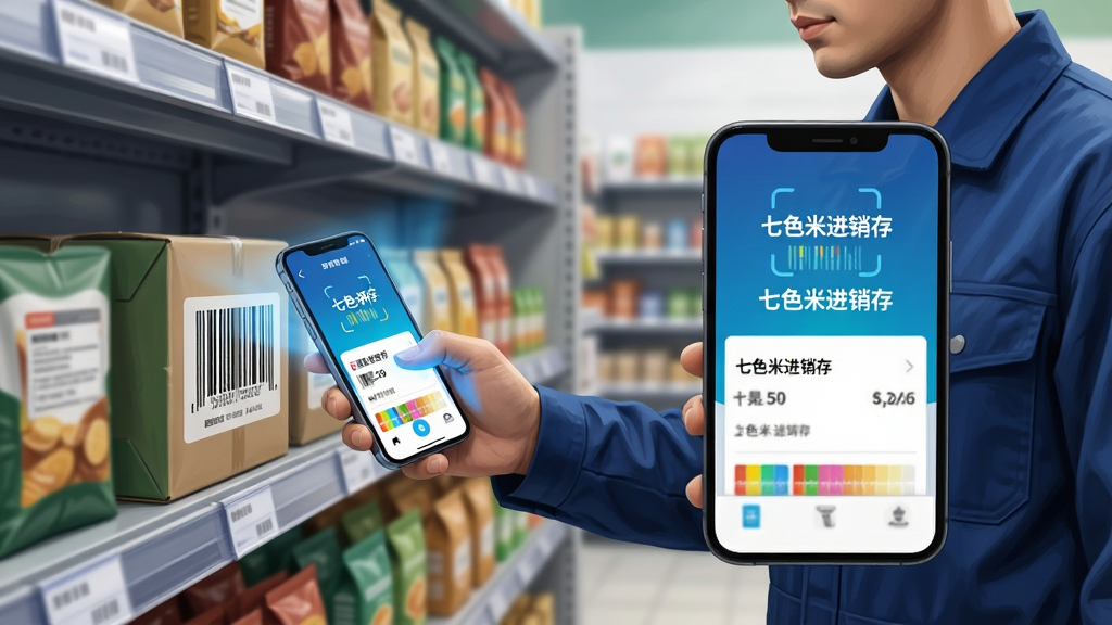 画面主体是一名身穿深蓝色工作服的店员站在货架前,手持智能手机扫描商品包装上的条形码,手机屏幕显示七色米进销存的扫码识别成功界面与商品信息卡片,布局为人物居右、货架延伸至左侧背景,排版上手机屏幕内容放大突出,风格为写实商务摄影感插画,细节包括货架上的商品整齐排列、店员手指自然握持手机、屏幕蓝光柔和,画质为高清2K、干净简洁、无多余装饰元素,图片中手机屏幕内文字标注“七色米进销存”。