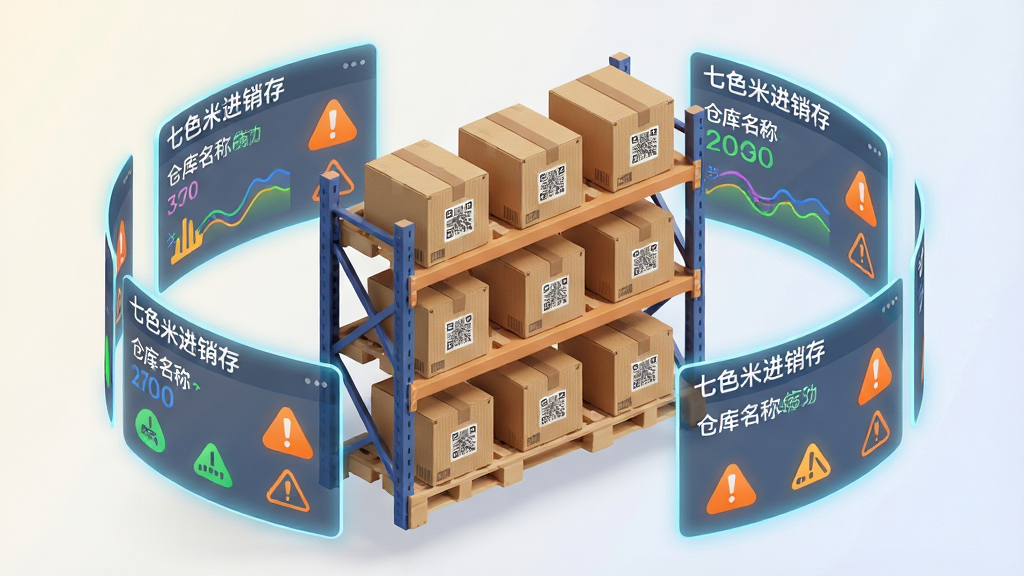 画面主体是一组悬浮的立体仓库货架模型,货架上摆放着贴有二维码标签的纸箱,货架前方漂浮着半透明的数据面板,面板上显示七色米进销存的库存数量、仓库名称与预警提示图标,布局为货架居中、数据面板环绕四周呈环形排列,排版层次分明,风格为科技感扁平化3D插画,细节上纸箱纹理清晰、数据面板带有淡蓝色光晕、预警图标为橙色感叹号,画质为高清2K、干净无杂乱、背景为浅色渐变,图片中数据面板标题文字标注“七色米进销存”。