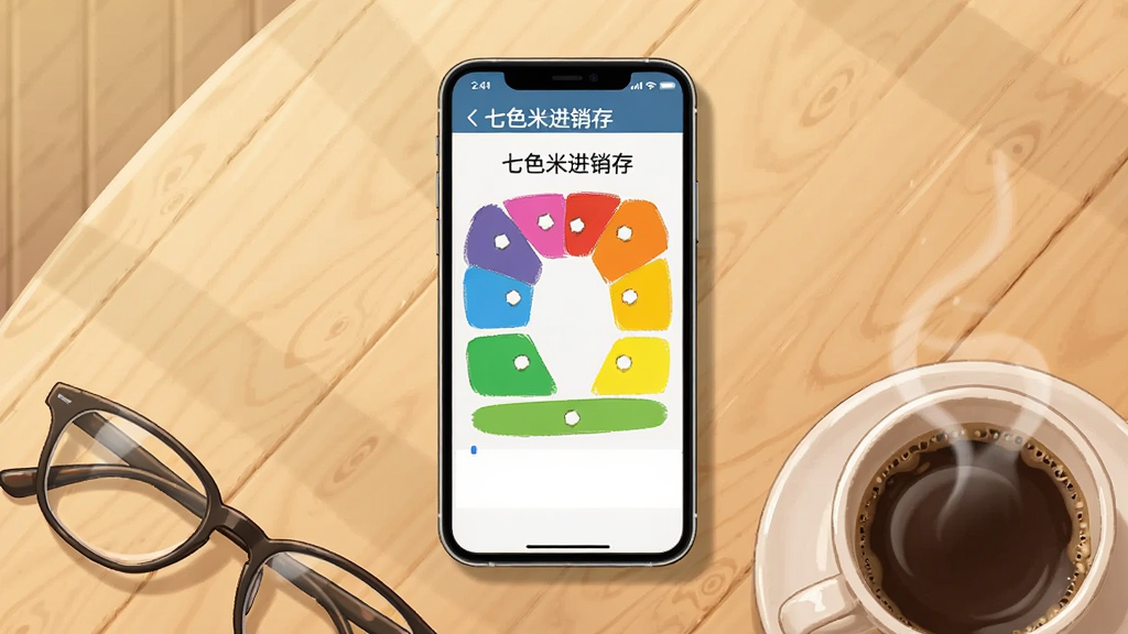 画面主体是一部手机平放在桌面上,屏幕显示七色米进销存的权限设置引导页面,手机旁放着一副眼镜与一杯咖啡,布局为手机居中、眼镜与咖啡杯分列左右下方,排版上屏幕内容清晰可见,风格为生活化静物插画,细节包括桌面木纹质感、咖啡杯有热气、手机边缘有轻微阴影,画质为高清2K、干净温暖、背景为浅木色,图片中屏幕内文字标注“七色米进销存”。