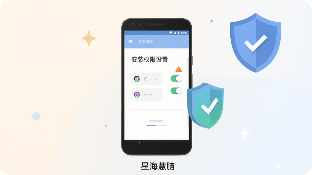 ����Ϊһ����׿�ֻ���Ļ��ʾ��װȨ�����ý��棬�Ա����ж����빴ѡͼ�ꣻ����Ϊ�ֻ����С�����λ�����Ͻǣ��Ű��ϻ���ײ�����д��