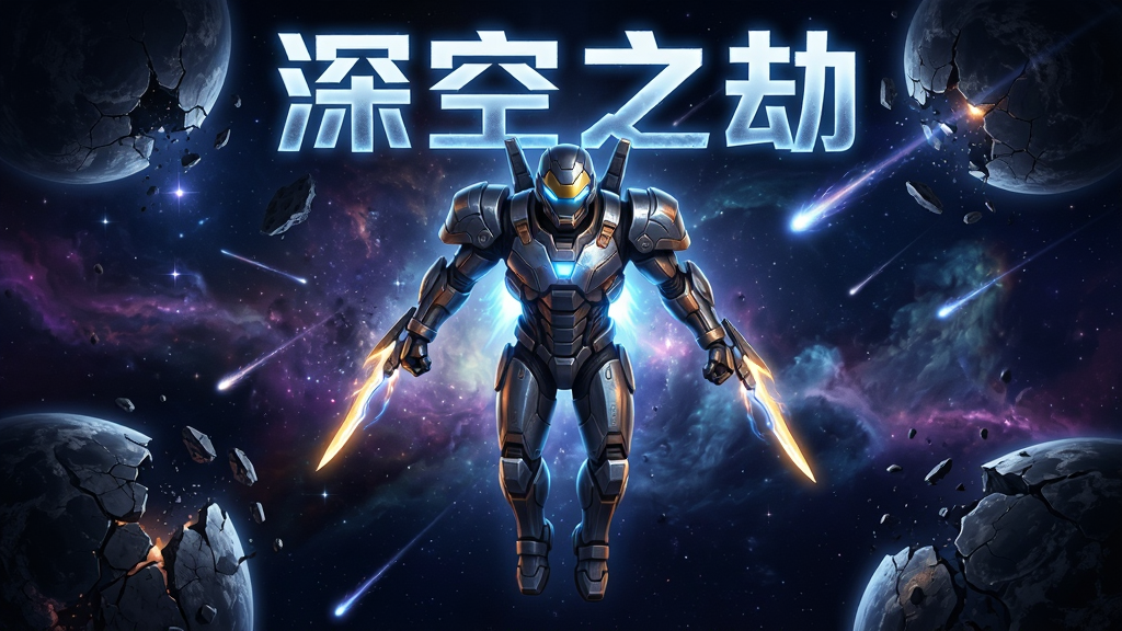 主体为一名身穿未来机甲的战斗角色悬浮在宇宙星空中,布局采用中心构图,角色位于画面正中,四周环绕破碎的星球残骸与闪烁的星云,排版上游戏名称