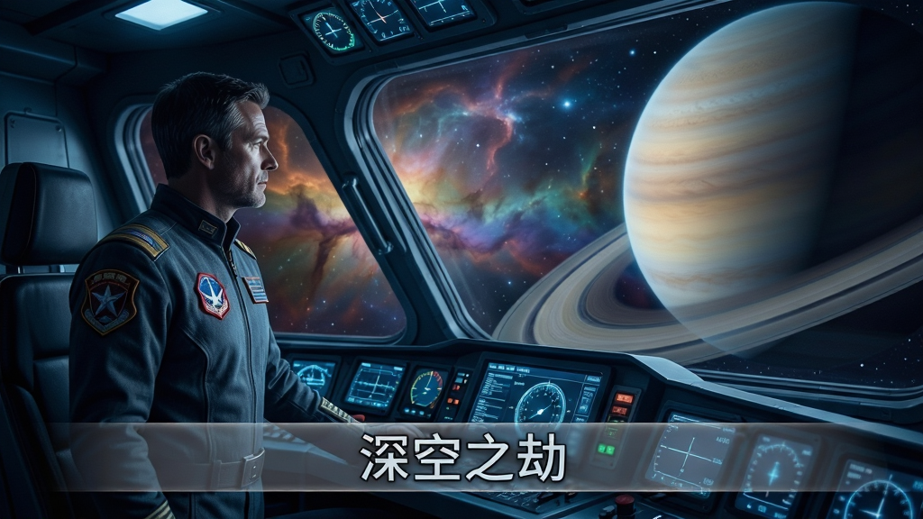主体为一名星际指挥官站在飞船驾驶舱内眺望窗外星云,布局采用三分法构图,人物位于画面左侧三分之一处,右侧展现广阔的宇宙星空与巨型行星,排版上画面底部以半透明字幕条形式呈现