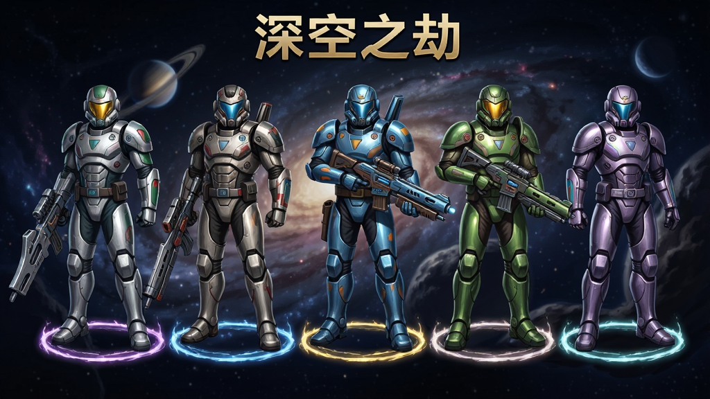 主体为五名风格各异的星际战士角色并排站立于宇宙背景前,布局采用横向等距排列,每位角色展示全身造型与武器,排版上画面顶部以金色字体书写