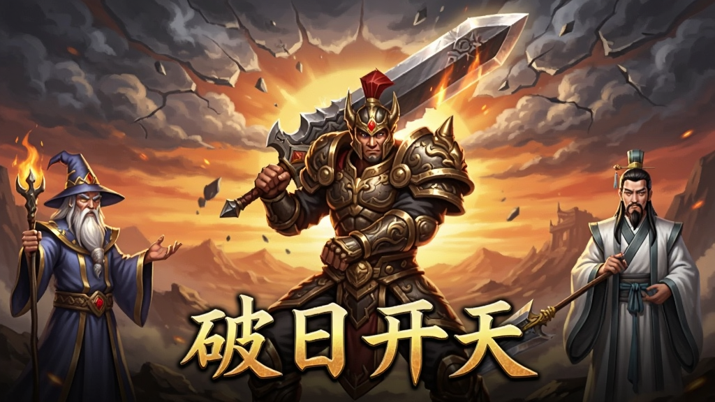 画面中央为一位身穿暗金战甲的战士手持巨剑劈开云层,背景是燃烧的落日与破碎的天空,左右两侧分别站立法师与道士角色,整体采用竖版手游宣传构图,复古传奇美术风格,细节刻画装备纹理与光效,画质清晰干净,画面中下部用金色大字写