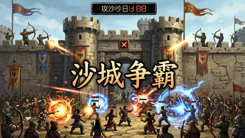 画面为沙巴克城门攻防场景,大量角色聚集在城门前释放技能,城墙上有弓箭手射击,画面顶部显示攻沙倒计时,复古传奇美术风格,细节表现人群与技能光效层次,画质清晰,画面中央写