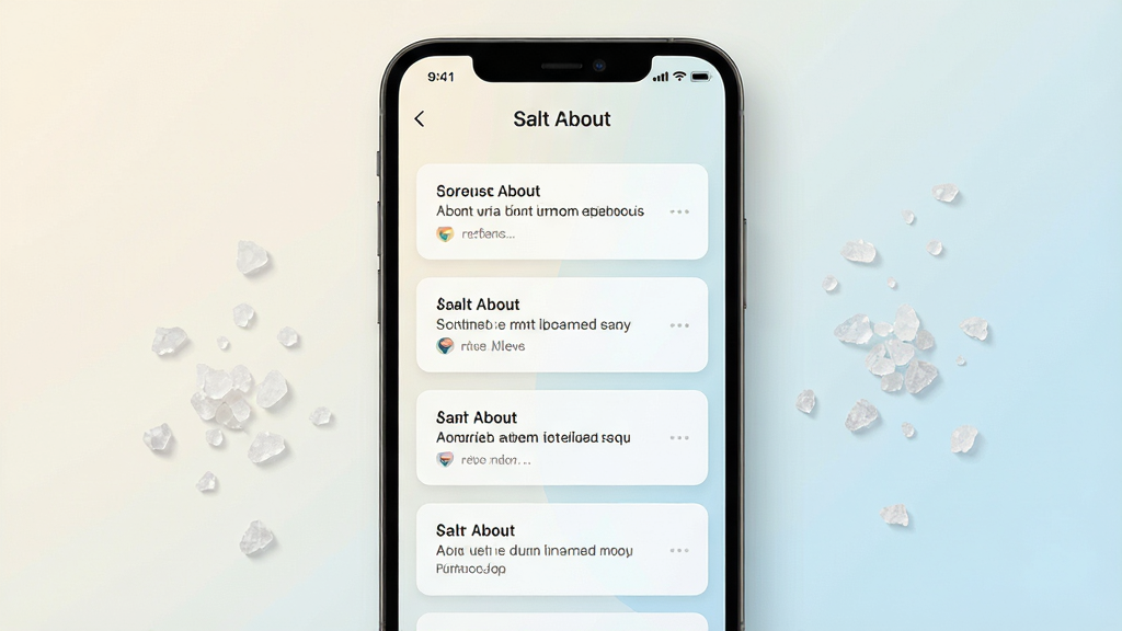 ����������һ�����������ֻ�����Ļ��ʾ���������¼Ӧ�ý��棬����������д�С�Salt About��������������ǳɫ��Ƭʽ����չʾ�������ּ�¼��Ŀ������Ϊ��͵��װ�ɫ�뵭��ɫ���䣬�ֻ�����ɢ�伸öϸС�������ᾧ��Ϊ��׺Ԫ�أ����������¼�Լ����ƽ��UI��ƣ�ϸ�ڸɾ����䣬�����������޶���װ��Ԫ��