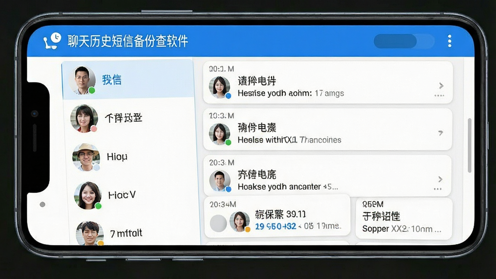 聊天历史短信备份查软件界面截图风格图片,画面展示手机屏幕上的短信分类列表,左侧为联系人头像列表,右侧为按时间排列的短信内容卡片,界面配色为白底蓝字,顶部有聊天历史短信备份查软件名称标识,整体布局清晰,风格简洁现代,画质清晰,干净无多余元素