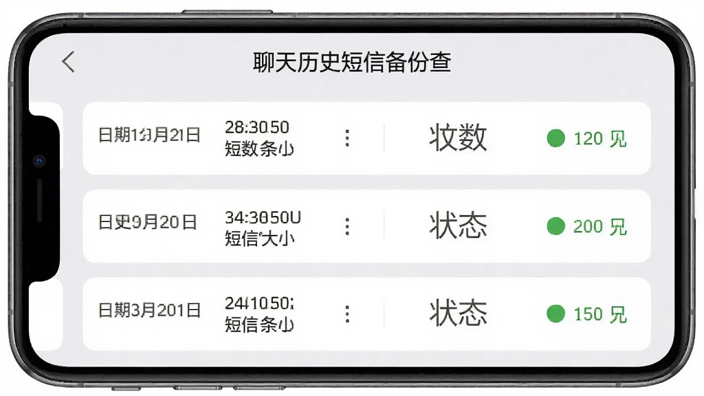 聊天历史短信备份查软件备份记录页面示意图,画面为手机屏幕展示备份任务列表,每条记录包含日期、短信条数、文件大小与状态标识,界面采用卡片式布局,配色为浅灰与白色搭配,顶部标题为聊天历史短信备份查,整体风格素雅,画质清晰,布局规整