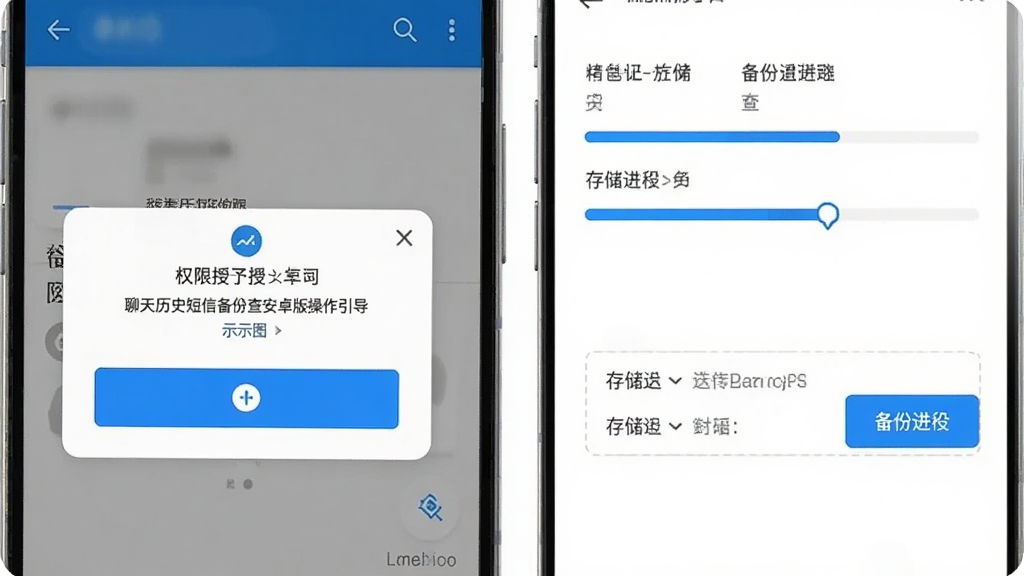 聊天历史短信备份查安卓版操作引导示意图,画面为手机屏幕展示权限授予弹窗与备份进度条,界面包含允许按钮与存储路径选择框,配色为白色与蓝色,风格简洁直观,画质清晰,干净无杂乱元素