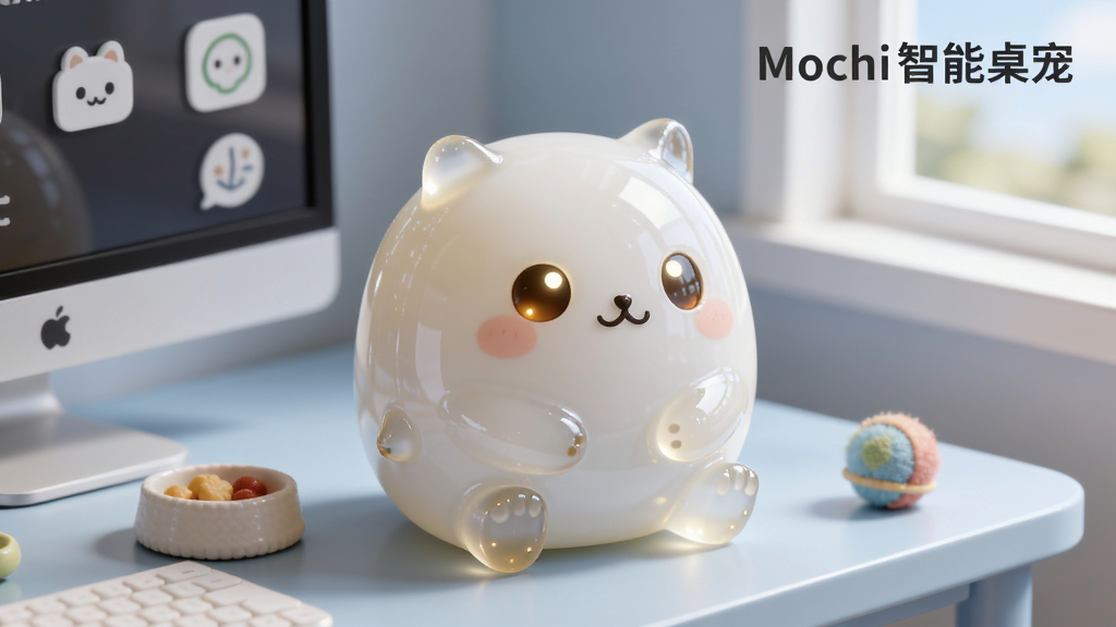 ����������һֻԲ��ɰ��İ�ɫŴ�����������������Mochi�����ڸɾ������ǳ��ɫ���������ϣ���Χ�м�Լ��ͼ�����͵Ĵ��߹��ߣ�����ͻ�������־��У��Ű��࣬���Ϊ��������ϵ3D��ͨ��Ⱦ��ϸ�ڰ��������͸���Ĺ����ʸ�Ƥ����΢΢������۾��������ϵ�Сʳ�������򣬻��ʸ��壬�ɾ��޶���Ԫ�أ��������������֡�Mochi�������衱