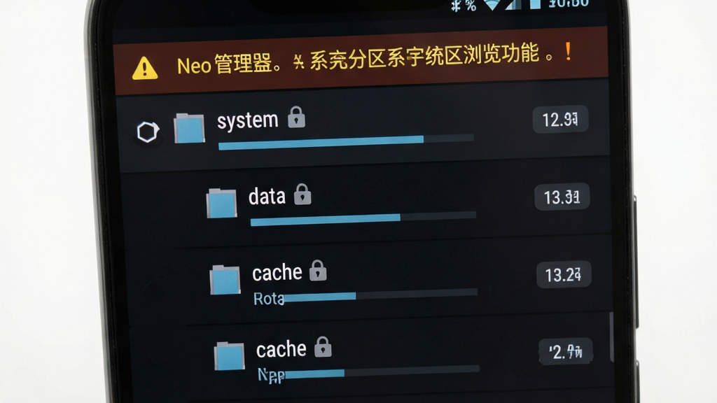 Neo ������ ϵͳ�����������չʾͼ������Ϊ��׿�ֻ����棬��Ļ����ʾ��Ŀ¼�㼶�б������� system��data��cache �ȷ�������������ֻ����ʶ�������о�����ʾ��������Ϊ��ɫ�Ƽ���� UI������Ϊ�����б���ϸ�ڰ�������������������Ȩ�ޱ�ǩ�����������������ɾ���࣬�޶���Ԫ��