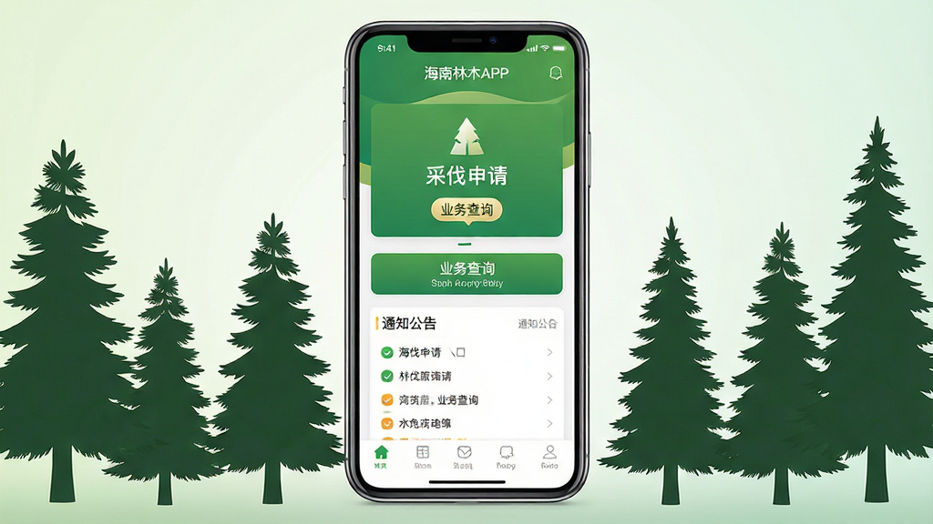 一张展示海南林木APP手机界面全貌的图片,画面中央是一部竖屏智能手机,屏幕内显示绿色主色调的林业服务应用首页,页面包含采伐申请入口、业务查询按钮与通知公告栏,手机两侧点缀松树与杉木剪影,背景为浅色渐变,整体风格清爽简洁,排版居中对称,细节清晰,画质干净,无多余元素