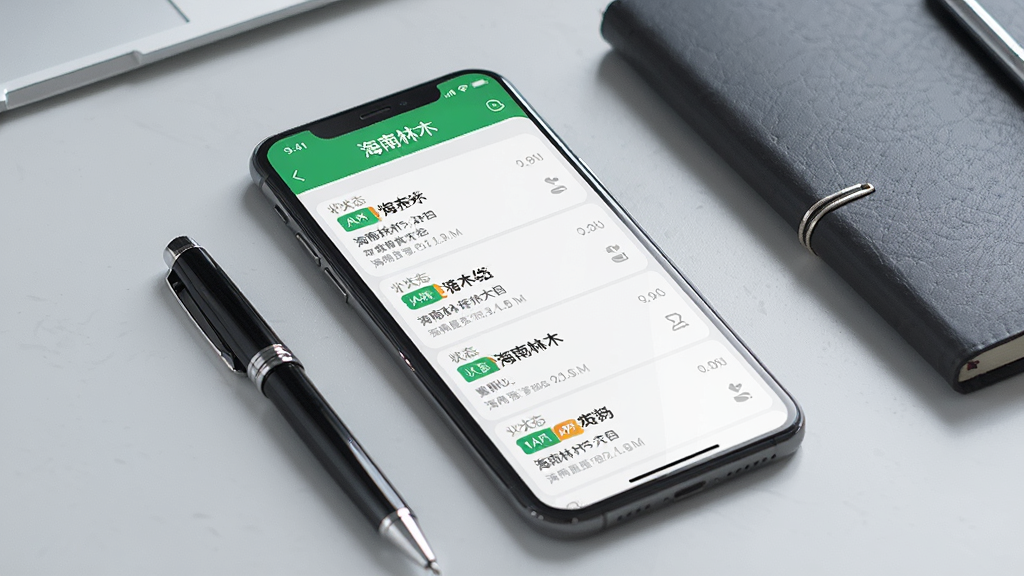 一张展示海南林木APP消息提醒功能的图片,画面为手机屏幕显示消息中心列表,每条消息带有状态标签与时间,屏幕上方有
