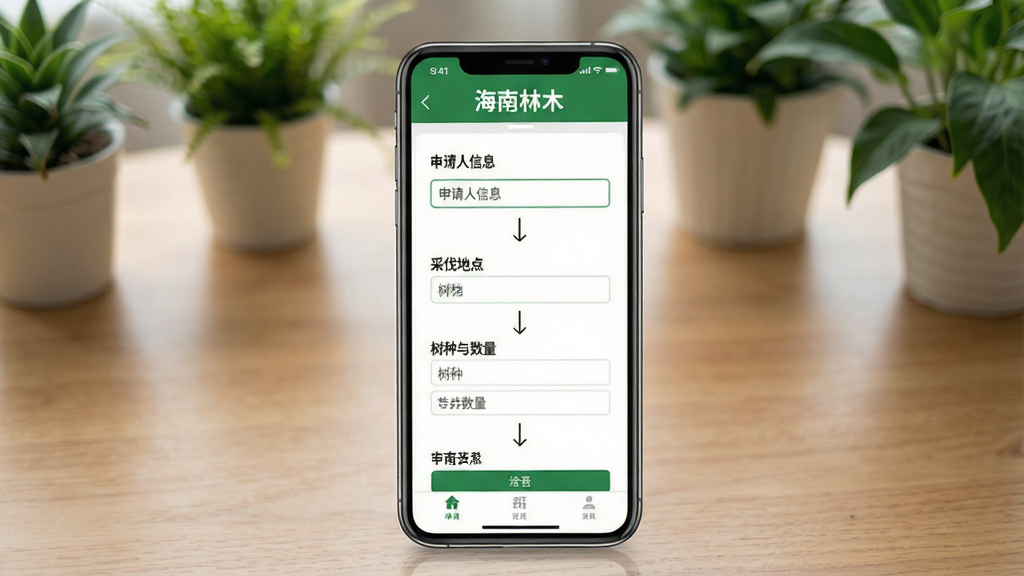 一张表现海南林木APP采伐业务办理流程的图片,画面为手机屏幕特写,屏幕内显示分步引导页面,包含申请人信息、采伐地点、树种与数量等填写项,页面顶部有