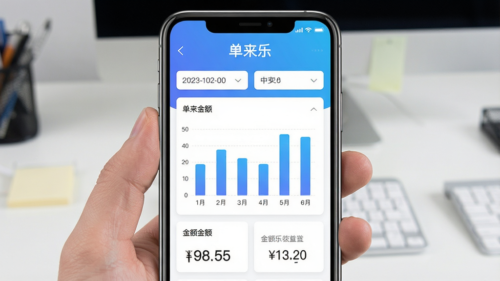 一张手机屏幕展示单来乐收益统计页面,画面中有柱状图与数字汇总,顶部标注