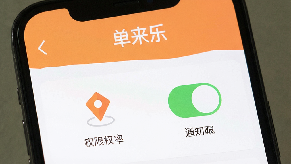 一张手机屏幕展示单来乐权限设置引导页面,画面中有定位、通知权限开关示意,顶部标注