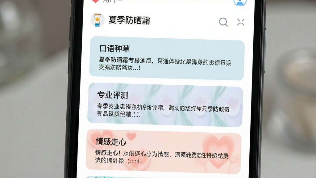 一张展示AI文案写作专家应用内文案生成结果页面的图片,屏幕上方显示用户输入的产品关键词“夏季防晒霜”,下方依次列出三条风格各异的文案卡片,分别标注“口语种草”“专业评测”“情感走心”,卡片配色柔和,界面布局清晰,画面风格简约商务,画质干净,无多余装饰元素