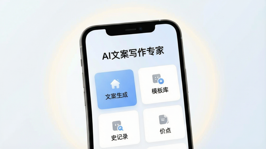 一张展示智能手机屏幕的图片,屏幕中央显示AI文案写作专家应用主界面,界面顶部有软件名称“AI文案写作专家”字样,下方排列着文案生成、模板库、历史记录等功能卡片,背景为简洁的浅色渐变,手机周围有柔和的光晕效果,整体风格现代清爽,画质清晰,干净无多余元素
