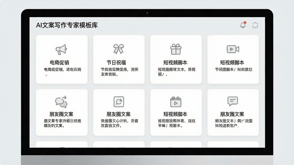 一张展示AI文案写作专家模板库界面的图片,屏幕中呈现网格状排列的模板分类卡片,包含“电商促销”“节日祝福”“短视频脚本”“朋友圈文案”等标签,每张卡片配有简洁的图标和示例文字摘要,整体色调为浅灰与白色搭配,风格素雅极简,画质清晰,干净无杂乱元素