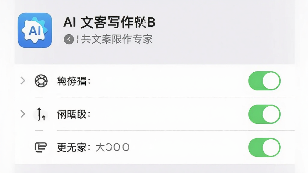一张展示手机应用权限设置界面的图片,屏幕中显示AI文案写作专家应用的权限管理页面,包含存储、网络等权限开关,界面风格为系统原生设置样式,画面简洁清晰,画质干净,无多余元素