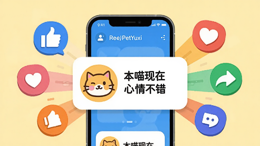 ����������һ���ֻ���Ļ��ʾ����PetYuxi���ɵ�Ȥζ������Ƭ����Ƭ����è��ͼ���һ����Ƥ�����֡������������鲻�������ֻ���Χ�����ŵ��ޡ����ġ�������ͷ���罻ͼ�꣬����Ϊ����״�Ű棬���Ϊ������õı�ƽ�廭��ϸ�ڰ�����ƬԲ����ơ�ͼ��ɫ������������Ϊǳ��ɫ�����ʸ��壬�ɾ����޶���Ԫ��