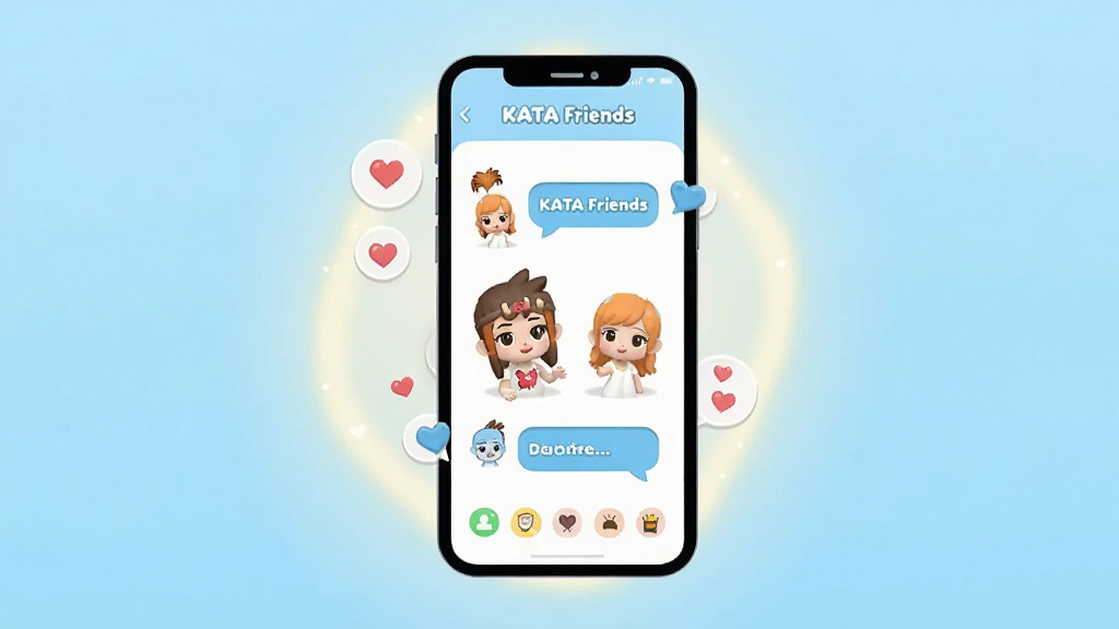 �����������һ�������ֻ����ֻ���Ļ����ʾ KATA Friends Ӧ�õ������棬�������пɰ��������ɫ����ͶԻ����ݣ��ֻ���Χ��������͵Ĺ�����С�ɵİ���ͼ�꣬����Ϊǳ��ɫ���䣬������ñ�ƽ���廭���ϸ�ڸɾ����䣬���������������޶�������Ԫ��